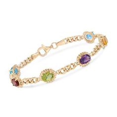 Ross-Simons - 5.00ct t.w. Multi-Stone Link Bracelet in 18kt Yellow Gold Over Silver. 7". This link bracelet is beaming with 5.00 ct. tot. gem. wt. citrine, blue topaz, garnet, peridot and amethyst. Petite links of 18kt yellow gold over sterling silver connect the stones as they pop from textured oval settings. Finished to a high shine. Lobster clasp, blue topaz bracelet.  Peridot birthstones are the perfect gift for August birthdays. Byzantine Necklace, Multi Gemstone Bracelet, Topaz Bracelet, Stone Bead Jewelry, Blue Topaz Bracelet, Stone Beaded Necklace, Peridot Stone, Citrine Stone, Pretty Bracelets