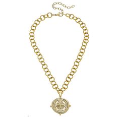 Handcast Jerusalum Cross Intaglio Pendant on Loop Chain Necklace Approx 18" long Extender 3" long Hand cast with gold plate Made in Texas Susan Shaw, Pearl Strand, Christian Symbols, Chain Loop, Medallion Necklace, 24kt Gold, Pearl Strands, Hand Cast, Freshwater Pearl Necklaces