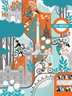 an illustration of people riding bicycles in the park with trees and buildings on either side