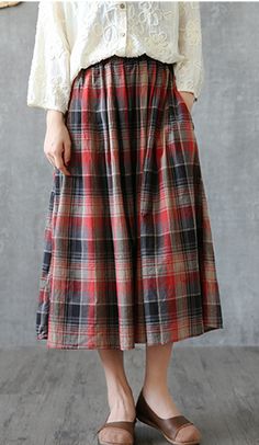 Plaid Casual Cotton linen loose fitting Women's Skirts Catholic Modesty, Skirt Organza, Fashion Designer Aesthetics, Linen Skirts, Winter Skirts, Country Clothes, Maxi Skirts Summer, Skirts Summer, Garment Sewing