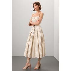 Brown Stripe (100% Cotton). Casual Dress. Square Neck. Sleeveless. Imported. Beige Pleated Sleeveless Dress For Summer, Beige Pleated Bodice Summer Dress, Chic Beige Strapless Sleeveless Dress, Chic Strapless Ruched Sleeveless Dress, Chic Pleated Midi Length Sundress, Sleeveless Beige Midi Dress With Pleated Bodice, Chic Pleated Midi Sundress, Fitted Sleeveless Maxi Dress With Gathered Skirt, Elegant Sleeveless Dress With Gathered Skirt