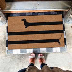 a person standing in front of a door mat with a dog on it's side