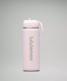 a pink insulated water bottle with a straw lid