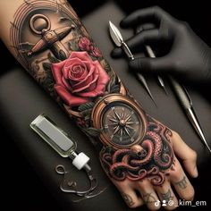 a person with a tattoo on their arm next to scissors and a rose that has a compass in it