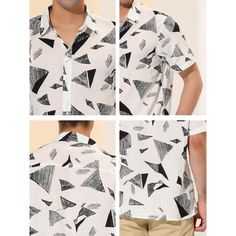 Different from the other shirts in simple design, this geometric pattern shirt adds an eye-catching point to your summer look. Classic color in contrast design, a suitable choice to pair with jeans for a casual look or shorts for a beach vacation. This shirt is also great for summer vacations, it looks stylish and makes you attractive in Hawaiian style. Suitable for casual, holiday leisure, travel, beach parties, and daily wear. Casual Collared Tops With Geometric Pattern, Casual Collared Top With Geometric Pattern, Casual Spring Shirt With Abstract Pattern, Summer Collared Top With Geometric Pattern, Casual Geometric Tops For Spring, Casual Shirt With Abstract Pattern, White Collared Shirt With Geometric Pattern, Cotton Shirt With Geometric Pattern And Relaxed Fit, Cotton Shirt With Relaxed Fit And Geometric Pattern