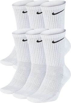 From playtime to game day, the Nike Everyday Crew Socks keep you going. They're powered by Dri-FIT technology and have cushioning underfoot to keep your feet comfy with every move. Fit & Design: Dri-FIT technology helps keep you dry and comfortable Midfoot arch band brings a supportive feel Targeted cushioning gives extra comfort 6 pairs per pack Machine wash White Nike Socks, Nike Crew Socks, Nike Socks, Swoosh Logo, Nike Kids, Athletic Socks, White Nike, Black & White, 6 Packs