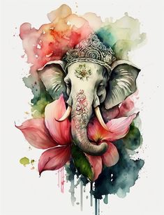 an elephant with flowers on it's head and watercolor paint splatters