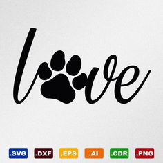 the word love with an image of a dog's paw is shown in black