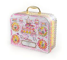 a pink and yellow suitcase with designs on the front, sitting against a white background