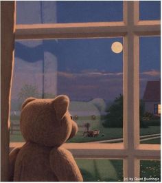 a brown teddy bear sitting in front of a window looking out at the night sky