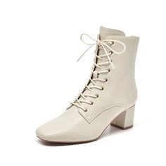 • Upper Material: Genuine Leather• Genuine Upper Leather Type: Sheepskin• Boot Height: Ankle• Heel type: square heel• Toe shape: square toe• Season: spring/autumn• Insole Material: Pigskin• Outsole Material: Rubber• Heel Height: High (5cm-8cm)• Closure Type: Lace-up• Fit: Fits true to size, take your normal size• Heel Height: 5.2cm• Import Product Luxury Lace-up Heeled Boots For Fall, Luxury Elegant Lace-up Boots, Luxury Lace-up Office Boots, Heel Boots Lace Up, Heeled Lace Up Ankle Boots, Luxury Elegant Women's Lace-up Boots, Luxury Business Lace-up Boots, Luxury White Women's Lace-up Boots, Elegant Luxury Lace-up Boots For Women