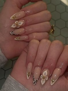 @ashcrylix on ig Frenchie Design Nails, Birthday Nail Almond, Almond Cheetah Print Nails, Almond Nails Designs Natural, Christmas Nails Summer, Virgin Mary Acrylic Nails, Angel Core Nails, Freestyle Almond Nails, Cool Nail Inspo 2024 Almond