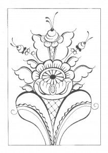 a drawing of an ornamental design with flowers and leaves in the center, on a white background