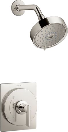 an overhead shower head and thermostaer in chrome