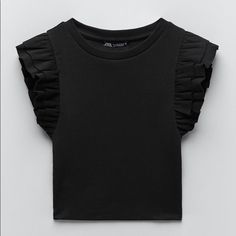 Negotiable Brand New With Tag - Price Not Included Size L Original Price $24.90 Fake Zara Tshirt Story, Zara Ruffle Top, Zara Halter Top, Black Ruffle Top, Short Faux Fur Jacket, Women Chiffon Blouse, Ruffled Top, Zara Shirt, Zara Top