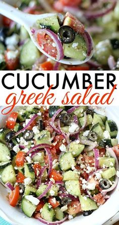 cucumber greek salad with tomatoes, onions and olives in a white bowl