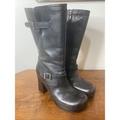 Harley-Davidson Women's Soho Hi Black Motorcycle Biker Boots Buckle Style #81188 Size 10, Heel 3.5", Shaft 11" New No Box Wide Calf Round Toe Heeled Boots With Buckle, Wide Calf Moto Boots With Stacked Heel, Black Wide Calf Mid-calf Boots With Buckle Closure, Black Wide Calf Mid-calf Boots With Buckle, Wide Calf High Ankle Leather Moto Boots, Winter Biker Leather Platform Boots, Casual Leather Platform Boots With Buckle Closure, Casual Leather Platform Boots With Buckle, Winter Biker Style Leather Platform Boots