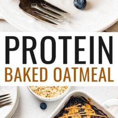 the cover of protein baked oatmeal, with blueberries and bananas on top