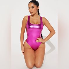 Pink Colored Metallic Bodysuit Purple Bodysuit For Summer Nights, Summer Purple Bodysuit For Night Out, Purple Summer Bodysuit For Night Out, Pink Stretch Bodysuit For Festivals, Pink Metallic Bodysuit, Pink Sleeveless Second-skin Bodysuit, Pink Sleeveless Nylon Bodysuit, Purple Holographic Bodysuit, Metallic Bodysuit