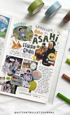 an open book with various items on it and the title in japanese is asahi studio chibii