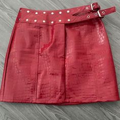 Asos Design Croc Leather Look Mini Skirt With Studded Belt Size Us6 Never Worn - With Tag Still Attached Fits True To Size Faux Leather Skirt Red, Red Cotton Mini Denim Skirt, Dark Red Leather Skirt, Red Leather Mini Skirt, Red Mini Skirt With Button Closure, Luxury Red Mini Skirt, Button Down Mini Skirt, Satin Slip Skirt, Mini Skater Skirt