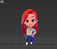 an animated girl with red hair and blue jeans standing in front of a black background