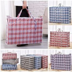 four different plaid shopping bags with handles