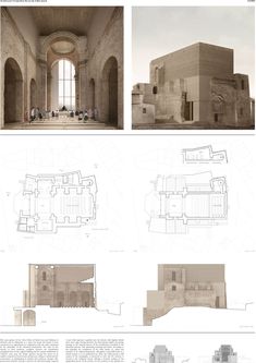 an architectural drawing shows the interior and exterior of a building, with several different views