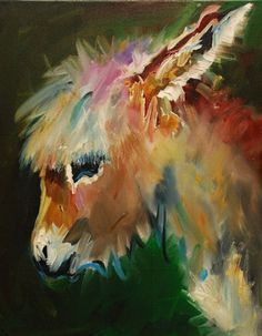 an oil painting of a donkey with colorful paint on it's face and neck