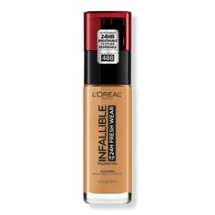 Infallible Up to 32 Hour Fresh Wear Foundation - INFAL PWD FOUNDATION 488FeaturesUp to 32 hour natural finish with buildable coverage, lightweightResists transfer, sweat and remains breathable all dayColor stays true all dayBenefitsAdvanced formula's three oil absorbers resist sweat, water, and transferInfused with SPF 25, non-comedogenic and suitable for all skin types - Infallible Up to 32 Hour Fresh Wear Foundation Loreal Infallible Foundation Shades, Loreal Infallible Foundation, Infallible Foundation, Loreal Infallible, Long Lasting Foundation, Too Faced Foundation, Foundation Shades, Beauty Sponge, Broad Spectrum Sunscreen