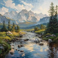 a painting of a mountain stream in the mountains