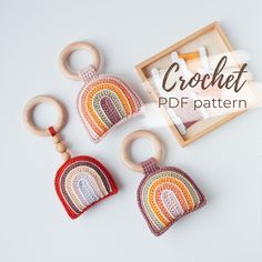 three crochet patterns are shown in front of a wooden frame with the words crochet on it