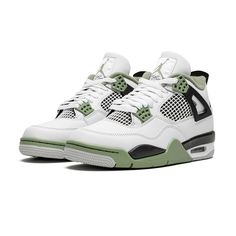 The Women’s Air Jordan 4 “Oil Green” is a women’s-exclusive colorway of the classic sneaker that adds to its impressive collection of releases. In the “Oil Green” colorway, this Jordan 4 is complete with a white leather construction with tonal netting on the tongue and mid-panel. Seafoam-colored eyelets are found on the sides of the shoe and additional Seafoam accenting appears on the Jumpman on the tongue and on the heel. The minty-green hue is also on the interior collar and on the rubber over Jordan 4 Retro Seafoam, Pink Jordans, Jordan 4’s, Nike Air Jordan 4, Jordan Sneaker, Jordan 4s, Sneakers Vans