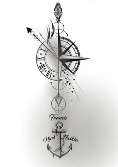 Half Compass Half Clock Tattoo, Anchor And Compass Tattoo Women, Rose Des Vents Tattoo, Compass And Map Tattoo, Partner Tattoos, Gemini Tattoo Designs, Gemini Tattoo