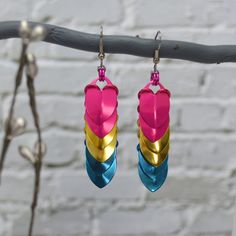 two pairs of heart shaped earrings hanging from a twig with pink and blue accents