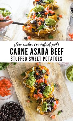 two images showing how to make carne asada beef stuffed sweet potatoes with black beans and guacamole