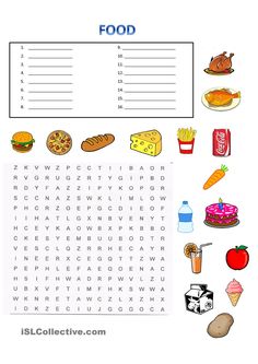 food worksheet with words and pictures to help kids learn how to read it