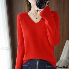 Olivia Mark - Simple Ribbed Knit Sweater with Solid Color and Long Sleeves, Ideal for Layering or Stylish Outerwear V Neck Sweaters, V Neck Jumper, Womens Knit Sweater, Slim Fit Sweater, Pullover Mode, Basic Sweaters, Cashmere Sweater Women, Loose Knit Sweaters, Spring Sweater