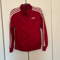 Red Adidas Track Jacket Worn 3-4 Times Looks Brand New, No Rips, No Tears Smoke Free Pet Free Home Red Long Sleeve Track Jacket For Spring, Fitted Red Track Jacket For Winter, Red Long Sleeve Spring Track Jacket, Red Adidas Winter Outerwear, Adidas Casual Red Track Jacket, Adidas Sporty Red Outerwear, White Adidas Jacket, Sporty Red Adidas Outerwear, Red Long Sleeve Track Jacket For Sports