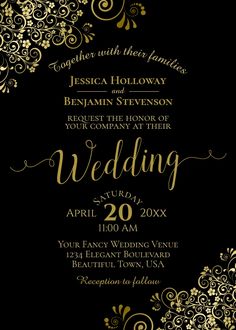 a black and gold wedding card with an ornate design on the front, in white ink