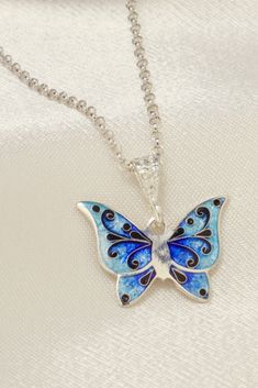 Cloisonne Enamel Butterfly Pendant, Handmade Georgian Enamel, Dainty Necklace Butterfly, Blue Butterfly Necklace, Georgian enamel, Sterling Silver Necklace, Handmade Jewelry, Cloisonné Enamel Necklace, tbilisi jewelry, georgian cloisonne, Sterling Silver 925 Blue Enamel Necklace With Large Pendant, Blue Enamel Pendant Jewelry, Artistic Blue Enamel Jewelry, Hand Painted Blue Sterling Silver Necklace, Engraved Enamel Necklaces For Gifts, Engraved Enamel Necklace For Gifts, Engraved Enamel Necklace For Gift, Silver Necklace With Black Enamel In Distinctive Style, Hand Painted Silver Enamel Jewelry