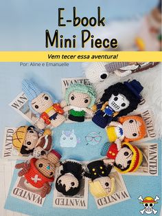 an advertisement for the e - book mini piece, featuring small crocheted dolls