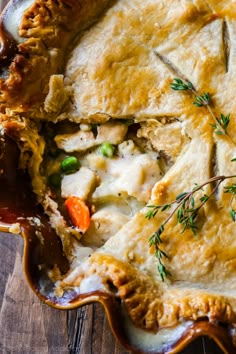 a chicken pot pie is cut in half