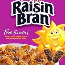 raisin bran cereal in a bowl on a purple background