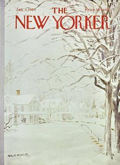 the new yorker magazine cover shows a snowy scene with trees and houses in the background