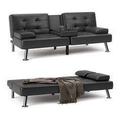 two black leather couches sitting next to each other on top of a white floor