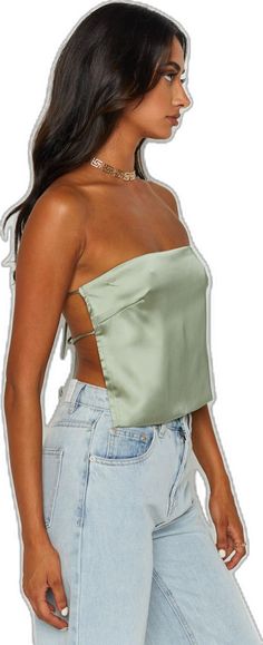 Green Crop Top With Built-in Bra For Summer, Green Tops With Built-in Bra For Spring, Backless Top For Spring Date Night, Backless Crop Top For Spring Night Out, Backless Tops For Date Night In Spring, Backless Top For Date Night In Spring, Backless Tube Top With Built-in Bra For Summer, Casual Bandeau Top For Date Night, Backless Tie Back Tops For Brunch