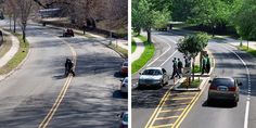 two pictures side by side with cars and people on the street