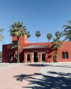 a red building with palm trees in front of it