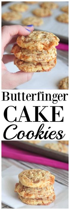 butterfingerger cake cookies are stacked on top of each other with the words butterfingerger